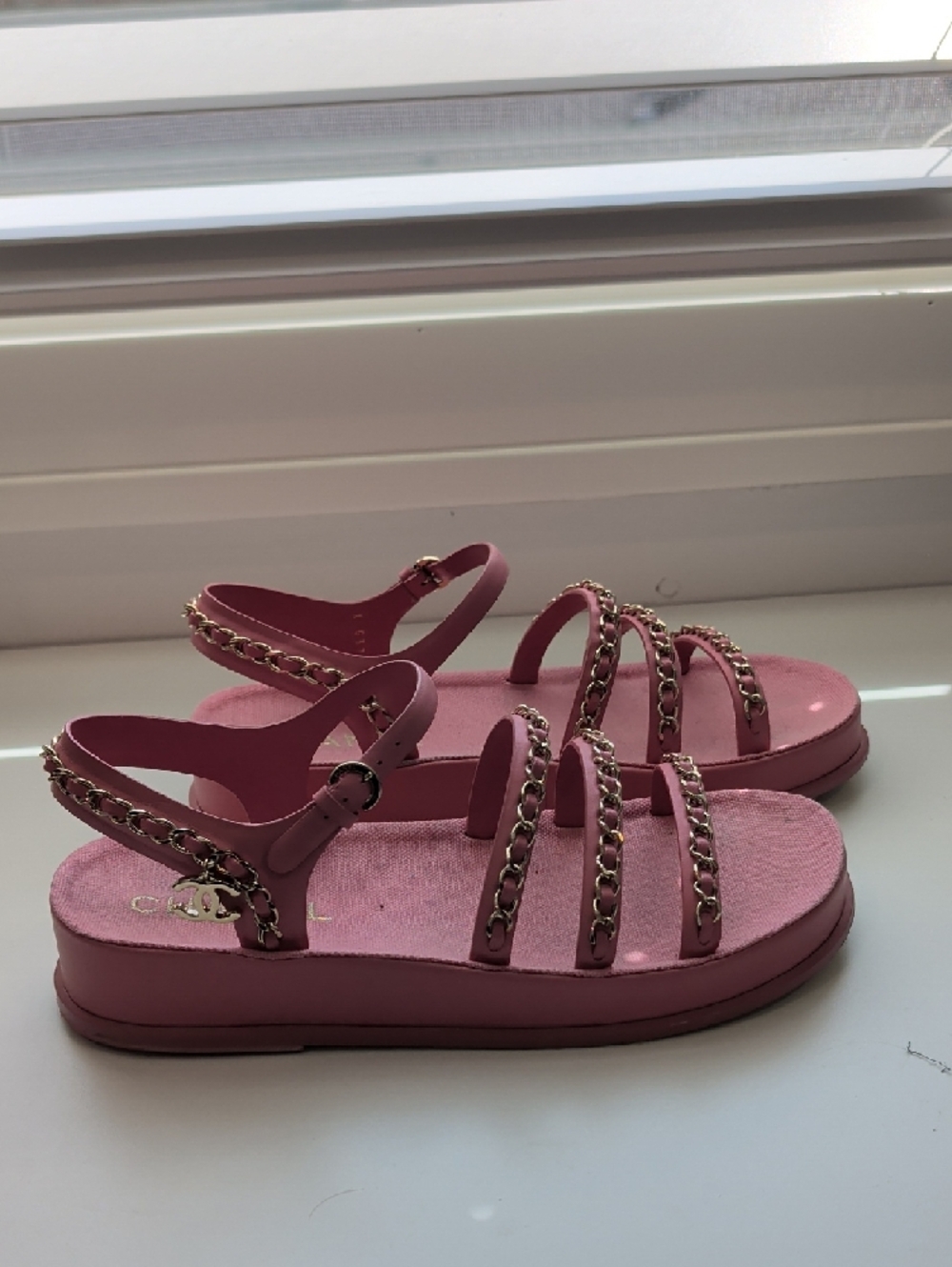 CHANEL Pink Chain-Trim Multi-Strap Sandals